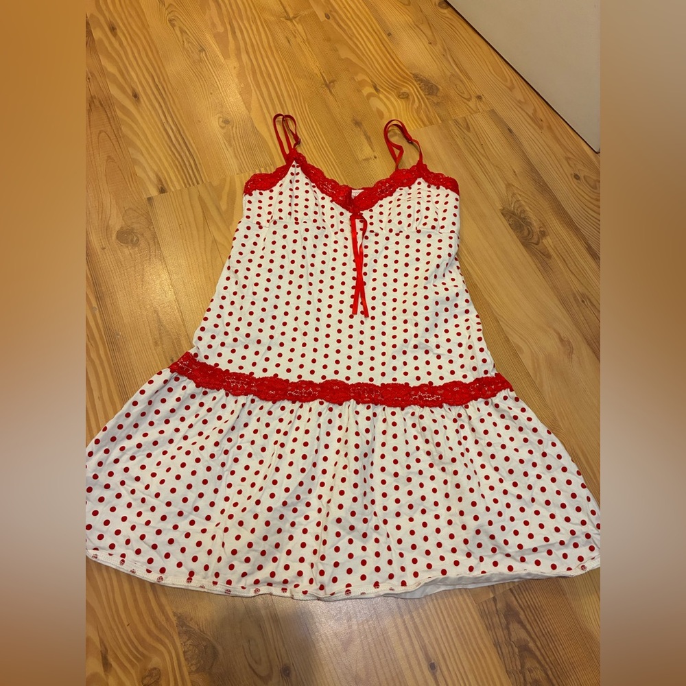 Frankies Bikinis x Pink Red Polka Dot Lace Trim Mini Dress Size Small